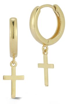 Show your faith with these huggie hoop earrings suspending dainty crosses crafted from gleaming 14-karat gold. 7/8" drop Hinge with snap-post closure 14k gold Made in Turkey Drop Hoop Earrings, Cross Crafts, Yellow Gold Earrings, Yellow Gold Earring, Gold Cross, Huggie Hoop Earrings, Gold Finish, Heart Ring, Gold Earrings