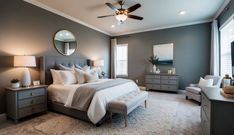 a bedroom with gray walls and white bedding