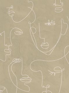 an abstract drawing with white lines on a beige background that has faces drawn in different shapes and sizes