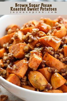 a bowl filled with brown sugar pecan roasted sweet potatoes