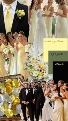 a collage of people in formal wear and wedding dresses, with yellow flowers on them