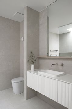 a bathroom with a toilet, sink and large mirror in it's center wall