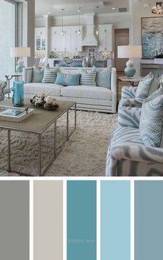 a living room filled with furniture and blue accents in shades of gray, beige, and white