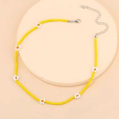 Bohemian Flower Yellow Beaded Choker Necklace Women's Girl's Jewelry Chain 20" | eBay Trendy Flower Necklace For Beach, Summer Floral Beaded Chain Necklace, Trendy Flower-shaped Beach Necklace, Casual Yellow Round Bead Necklaces, Summer Flower Shaped Beaded Necklace, Trendy Beaded Flower Necklace For Summer, Yellow Beaded Necklaces For Spring, Spring Beach Necklaces With Beaded Chain, Spring Beaded Chain Jewelry Gift