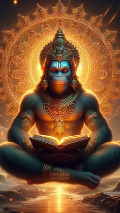 the hindu god sitting in lotus position with his eyes closed and hands folded out, reading a book