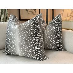 two pillows sitting on top of a couch