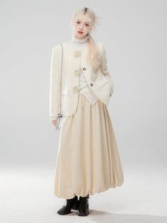 ❤︎Almond yellow loose slim jacquard A-line bub skirt❤︎ Cream Lined Skirt For Fall, Winter Cream Lined Skirt, Feminine Beige Skirt For Fall, Cream Flowy Skirt For Fall, Cream Midi Skirt For Fall, Fall Cream Midi Skirt, Winter Beige Flowy Skirt, Cream Pleated Skirt For Fall, Morning Frost