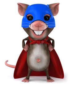 a cartoon mouse wearing a red cape and blue mask, standing in front of a white background