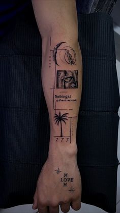 a person with a tattoo on their arm that reads nothing is love and palm trees