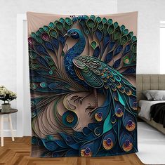 a peacock with feathers on it's back is shown in front of a bed