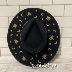 Reposhing This Item I Purchased From @Badmouthshoppe. Loved It, But Ready To Rotate For Something New. Questions? Leave A Comment Below! For Sale Or Trade! Custom Black Hat For Festival, Embroidered Hat, Gold Sun, 90s Vibes, Embroidered Hats, Black Hat, Wide Brimmed Hats, Brim Hat, Sun Moon