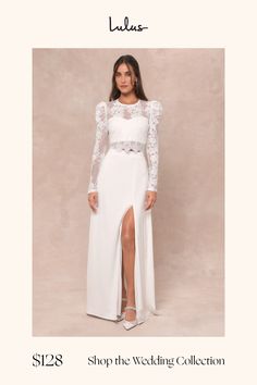 a woman in a white dress with the words shop the wedding collection on it's page