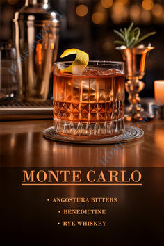 the front cover of monte carlo, with an image of a glass filled with liquor and garnishes