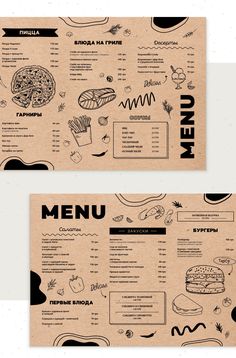 two menus with different types of food on them