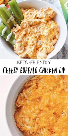 keto - friendly cheesy buffalo chicken dip in a white bowl with celery and green beans