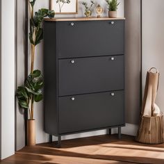 a black cabinet with three drawers and two plants on top, next to a potted plant