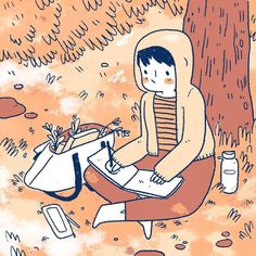 a drawing of a person sitting on the ground next to a tree