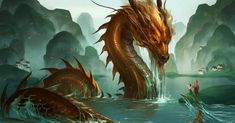 a dragon is standing in the water next to a man on a boat with another dragon