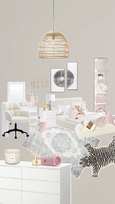 a room with white furniture and pink accents