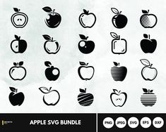 an apple svg bundle is shown in black and white