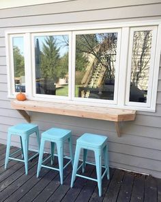 three blue stools sitting on top of a wooden floor next to a window with white frames