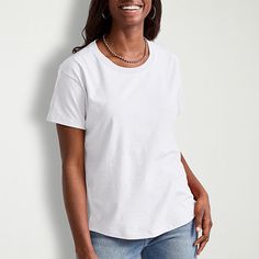 Basics that are far from basic. Classic comfort meets unbeatable style with this Hanes original women's t-shirt. Our signature tri-blend fabrics come together to create a lightweight tee that feels great on the skin. The relaxed fit, ribbed collar, and sleeves create an ultra-flattering look you'll love. Plus, it's made from recycled polyester for that super soft, worn-in feel. Dress it up with jeans and heels or go casual with Hanes joggers and sneakers, you can't go wrong with a Hanes original.Be yourself in Hanes originals - a stylish collection of cool, modern essentials designed for comfort, made for every body.Super soft & comfy feel - our best cotton, polyester, and rayon come together to make this soft and comfy tee shirt for women.Relaxed & flattering - you'll love the fit Love Plus, Simple Tees, Shirt For Women, Work Shirts, Everyday Wardrobe, Basic Style, Be Yourself, Recycled Materials, Shirt Shop