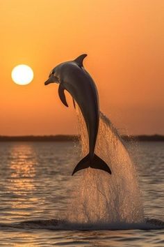 a dolphin jumping out of the water at sunset