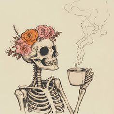 a drawing of a skeleton holding a coffee cup with flowers in it's hair