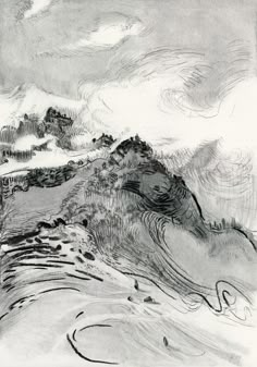 a black and white drawing of a mountain