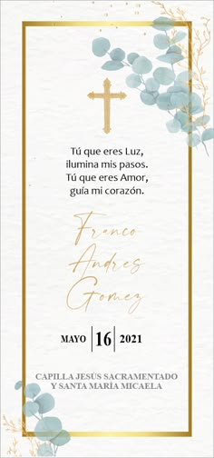 a white and gold wedding card with blue flowers on the front, and a cross in the back