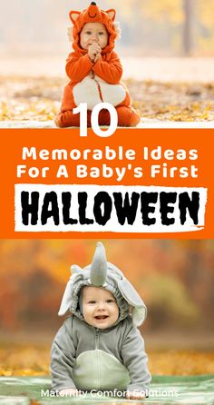 the top ten baby's first halloween costumes for boys and girls with text overlay