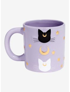 a purple coffee mug with a black cat on it's face and stars around the eyes