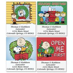 four christmas address cards with cartoon characters on them