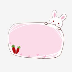 a pink sign with a bunny on it and strawberries in the bottom right corner