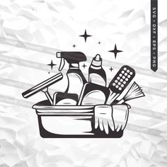 a basket filled with cleaning supplies on top of a crumpled paper background in black and white