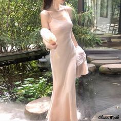 Olivia Mark - Copper Ammonia Silk Sling Dress with Waist Cinched Design, Simple and Elegant Floor-Length Fairy Dress Simple Silk Dress, Silk Dresses, Sling Dress, Fairy Dress, Design Simple, Cinched Waist, Types Of Skirts, A Line Skirt, Types Of Collars