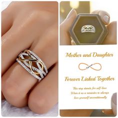 a woman's wedding ring with two intertwined bands on her finger and the words, mother and daughter forever linked together