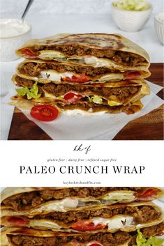 the recipe for paleo crunch wrap is shown in three different pictures, including one with meat and lettuce