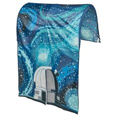 a blue scarf with an image of a space shuttle in the sky and stars on it