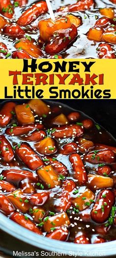 honey teriyaki little smokies in a slow cooker with text overlay