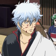 two anime characters one with white hair and the other with blue hair, are facing opposite directions