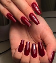 Red Nail Square Designs, Cherry Red Nails Coffin, Plain Red Nails Acrylic, Blood Red Nails Acrylic, Dark Red Coffin Acrylic Nails, Red Nails Coffin Shape, Dark Red Square Acrylic Nails, Long Dark Red Nails, Deep Red Nails Acrylic