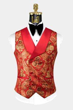 Step out in high class with this deluxe red and gold tuxedo suit. The refined look and feel of this exclusive tux make a long-lasting impression. The modern cut along with the textured gold damask print creates a striking combination. It is an excellent choice for weddings and proms as well as other formal special occasions. This sleek red and gold tuxedo is expertly handcrafted with high-quality lightweight fabric. The beautifully embroidered gold damask material is soft and durable. In additio Luxury Festive Tuxedo For Gala, Elegant Gold Suits For Semi-formal Events, Elegant Gold Suits For Semi-formal Occasions, Festive Fitted Gold Suits, Tailored Gold Suits For Evening, Elegant Fitted Gold Suit, Gold Tuxedo Suit For Party, Gold Fitted Tuxedo For Formal Occasions, Festive Gold Tailored Suit