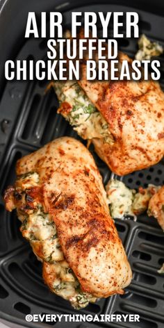 Stuffed Chicken Breasts in an air fryer basket with a title Air Fryer Stuffed Chicken, Air Fryer Recipes Chicken Breast, New Air Fryer Recipes, Air Fryer Recipes Snacks, Stuffed Chicken Breasts, Fry Chicken, Best Air Fryer, Air Fried Food, Air Fryer Oven Recipes