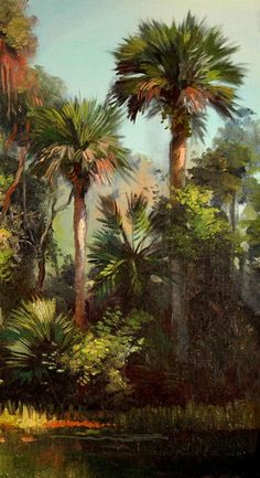 an oil painting of palm trees and other tropical plants by the water's edge