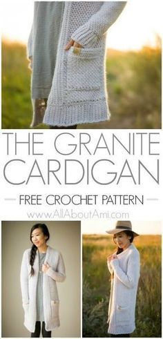 the crochet cardigan pattern is shown in three different pictures and has text that reads