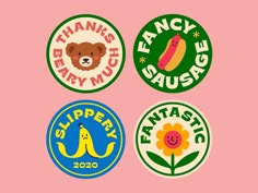 four stickers with different types of food and logos on them, including bananas, strawberrys, and sausage