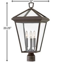 an outdoor light fixture with three candles on it and measurements for the height of the lantern