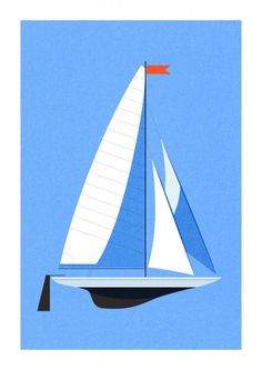 a sailboat floating on top of a body of water with a red flag sticking out of it's mast