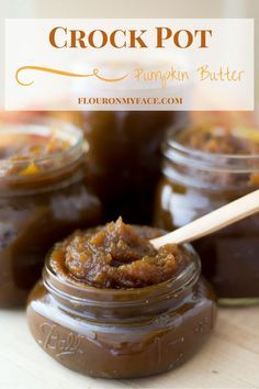 crock pot pumpkin butter recipe in mason jars with wooden spoon and title overlay